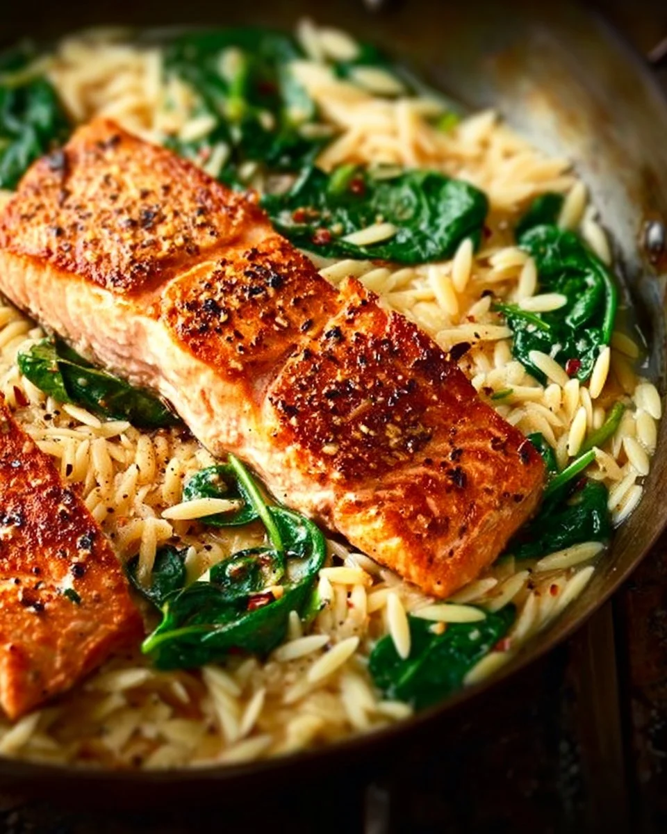 Pfannenlachs mit Zitronen-Orzo auf einem weißen Teller serviert