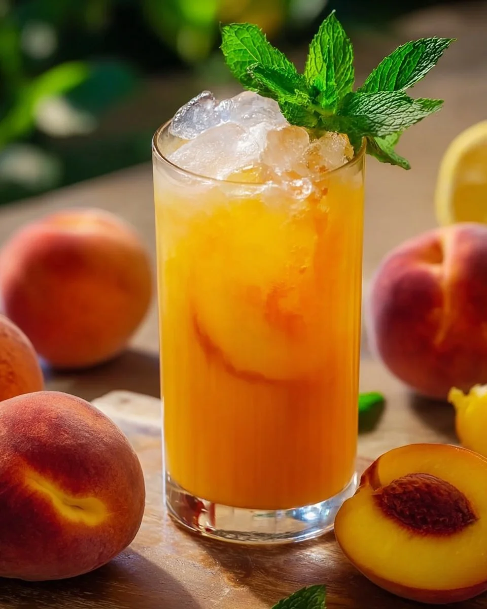 Selbstgemachte Pfirsich-Limonade in einem Glas mit frischen Pfirsichen