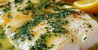Pollfillet in Kräutersauce auf einem Teller serviert