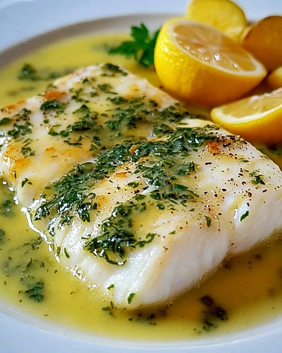 Pollfillet in Kräutersauce auf einem Teller serviert