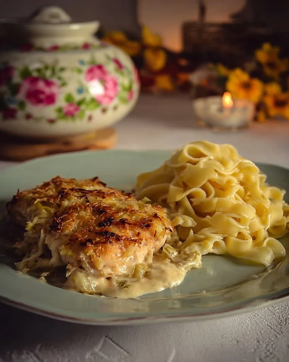 Pollockfilet mit knuspriger Lauch-Zwiebel-Kruste auf einem Teller serviert