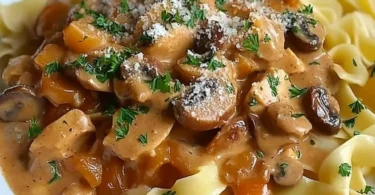 Puten-Sahne-Gulasch serviert auf Bandnudeln, ein leckeres Gericht