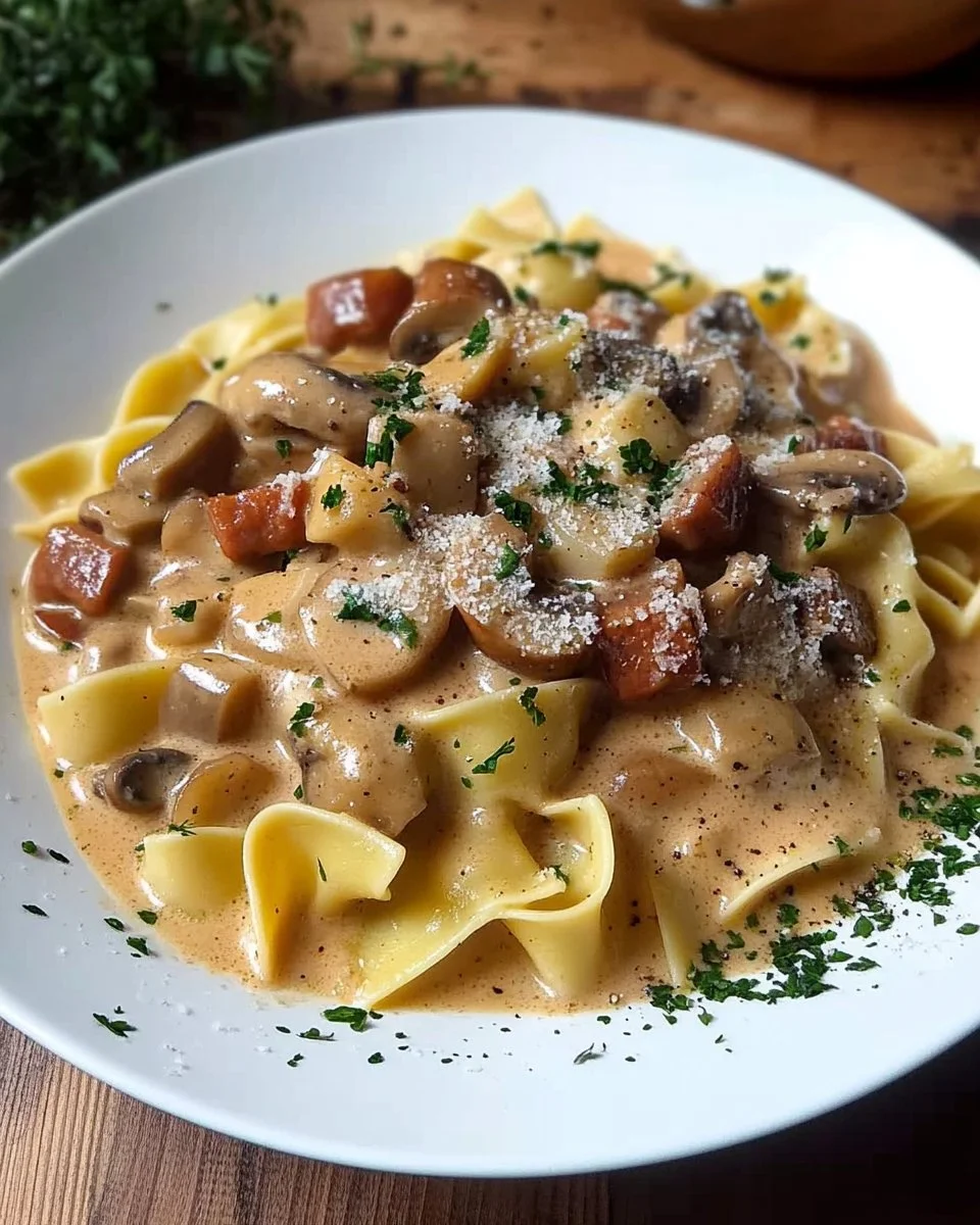 Puten-Sahne-Gulasch auf Bandnudeln
