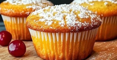 Frische Quark-Vanille-Muffins auf einem Holzbrett präsentiert