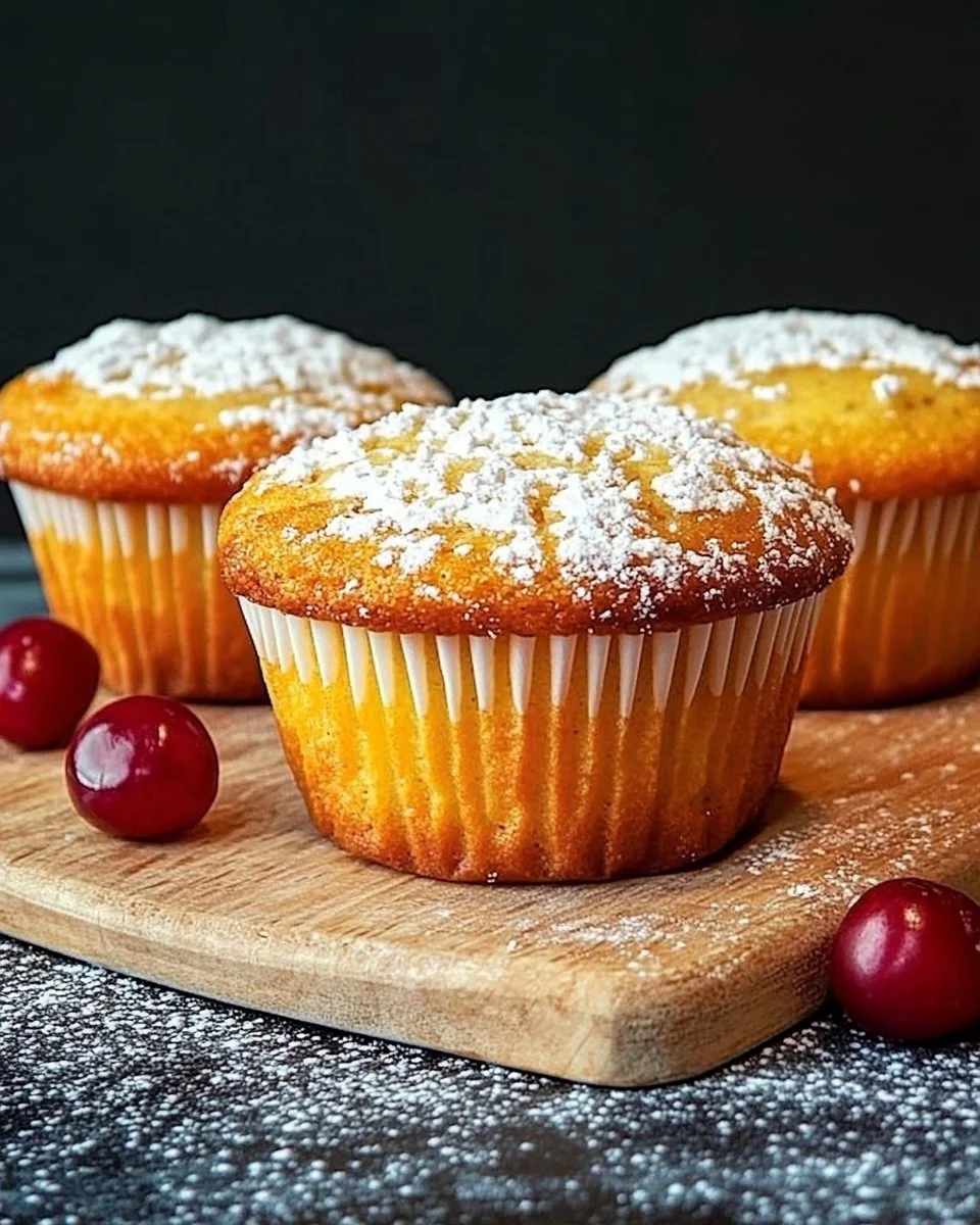 Frische Quark-Vanille-Muffins auf einem Holzbrett präsentiert