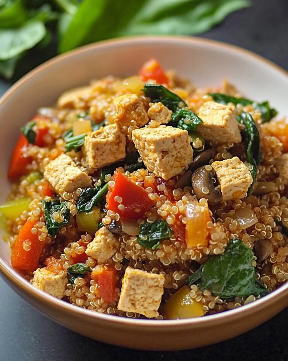 Leckeres Quinoa-Jambalaya mit Gemüse und Gewürzen auf einem Teller serviert.