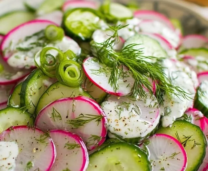 Frischer Radieschen-Gurken-Salat mit Dill in einer Schüssel