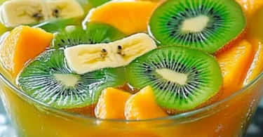 Erfrischende Raumfahrerbowle in einem Glas, dekoriert mit bunten Früchten.