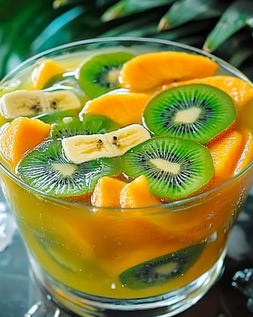 Erfrischende Raumfahrerbowle in einem Glas, dekoriert mit bunten Früchten.