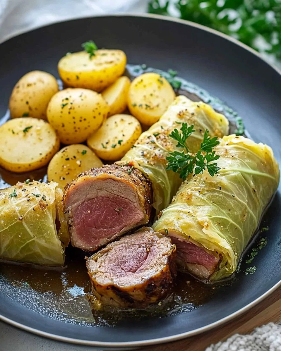 Zartes Reh im Weißkohlmantel auf einem Teller angerichtet.