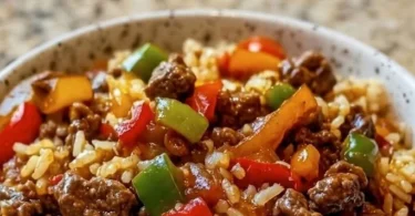 Reis Hackfleisch Pfanne mit Paprika serviert in einer Pfanne