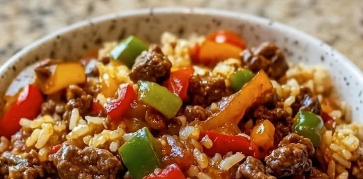 Reis Hackfleisch Pfanne mit Paprika serviert in einer Pfanne