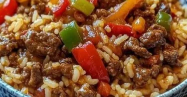 Leckere Reis Hackfleisch Pfanne mit Paprika auf einem Teller serviert