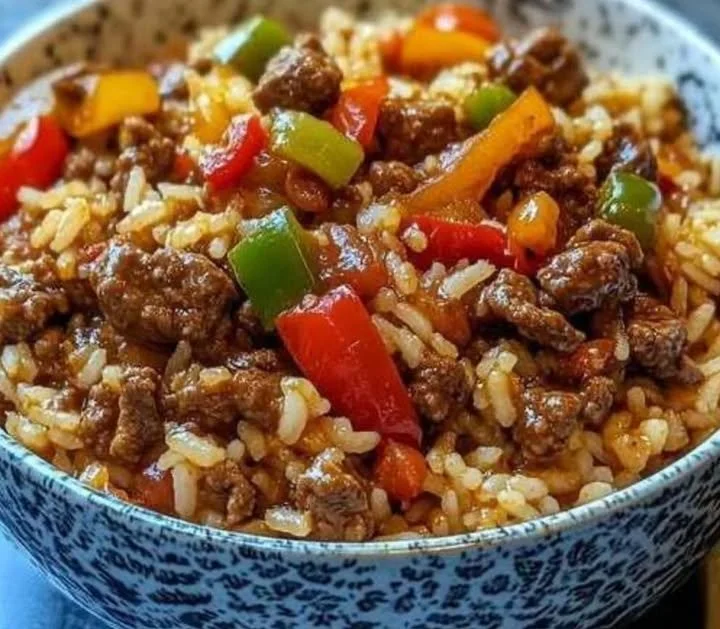 Leckere Reis Hackfleisch Pfanne mit Paprika auf einem Teller serviert