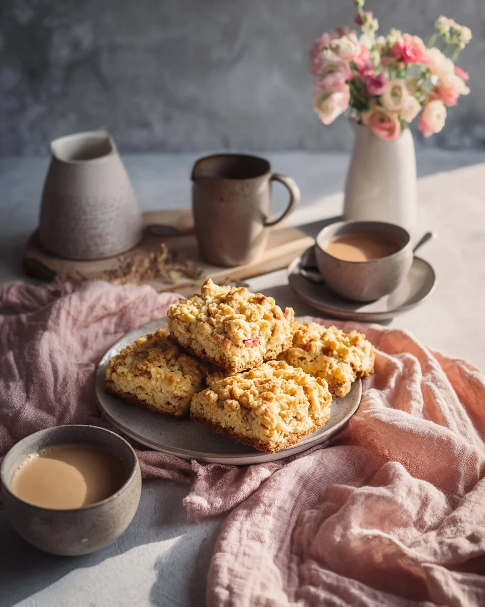 Rhabarber-Streuselkuchen mit Streuseln auf einem Teller