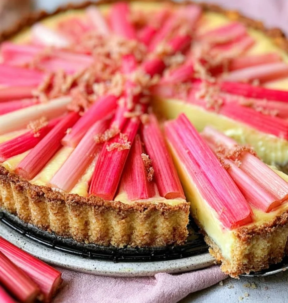 Leckere Rhabarber-Vanille-Tarte auf einem rustikalen Holzbrett serviert.