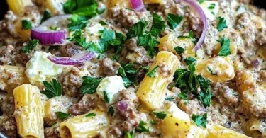Rigatoni in einer cremigen Hack-Feta-Sauce serviert auf einem Teller.