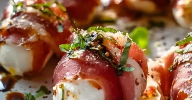 Leckere Rindfleisch-Häppchen mit Prosciutto und Mozzarella serviert auf Platte