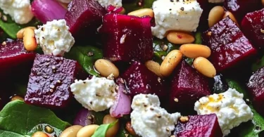 Rote-Bete-Salat mit Ziegenkäse, Spinat und gerösteten Pinienkernen