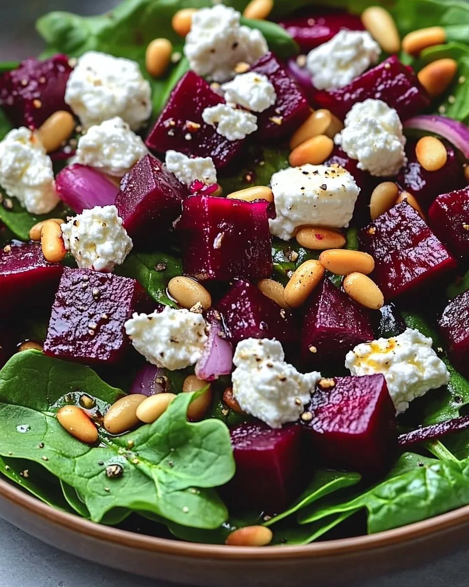 Rote-Bete-Salat mit Ziegenkäse, Spinat und gerösteten Pinienkernen