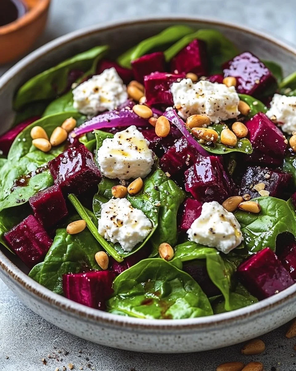 Rote-Bete- und Ziegenkäse-Spinat-Salat mit gerösteten Pinienkernen