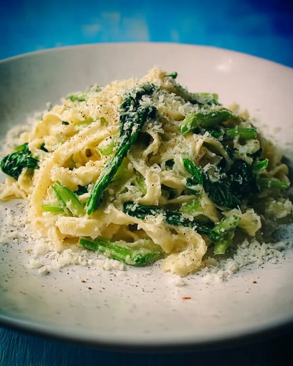 Rübenblätter-Medley mit Ziegencreme-Käse und Tagliatelle in einem Teller