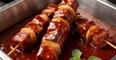 Köstliches Schaschlik wie vom Imbiss, serviert mit Gemüse und Saucen.