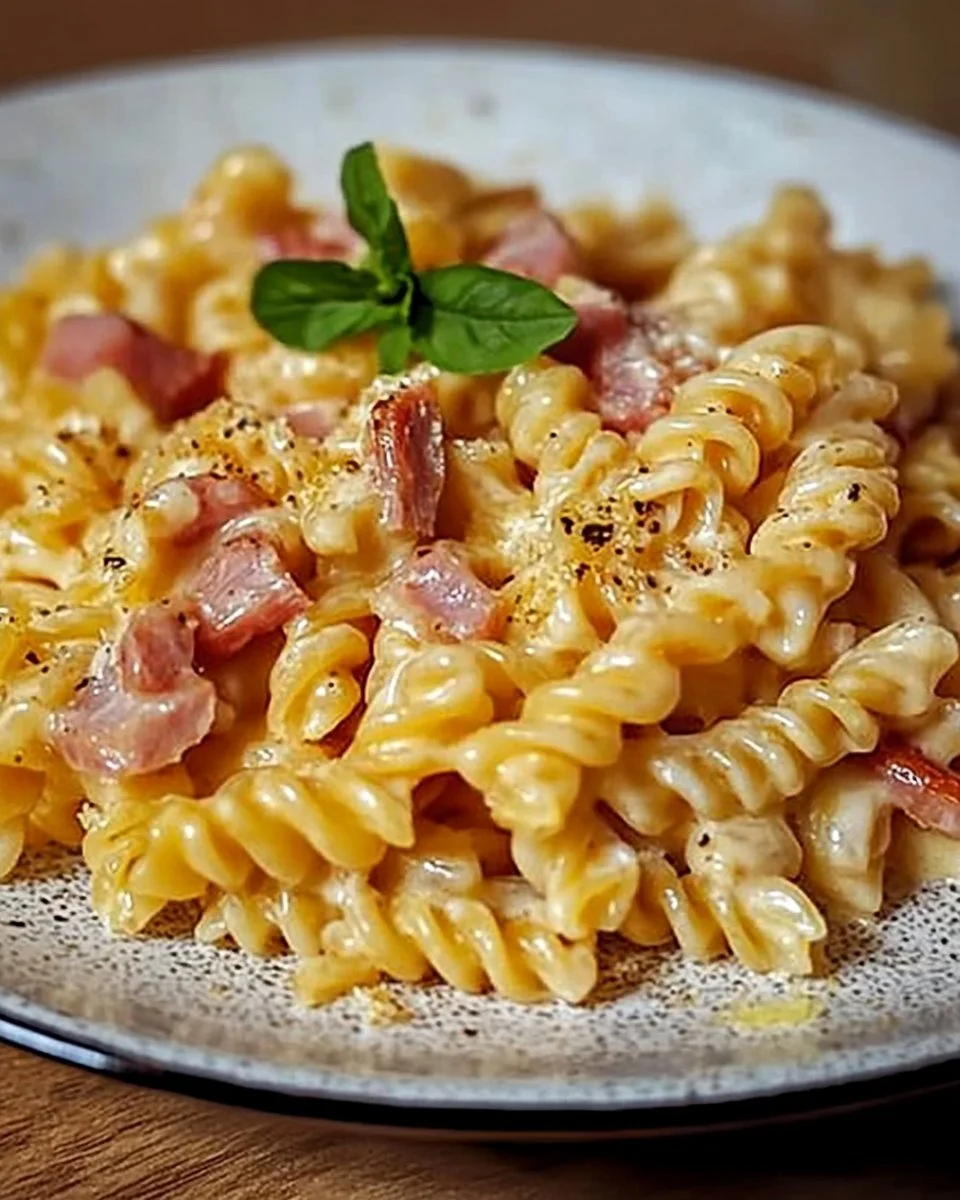 Schmand Nudeln mit Schinken auf einem Teller angerichtet