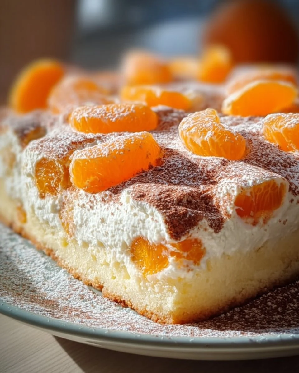 Schmandkuchen mit Mandarinen auf einem Teller serviert.