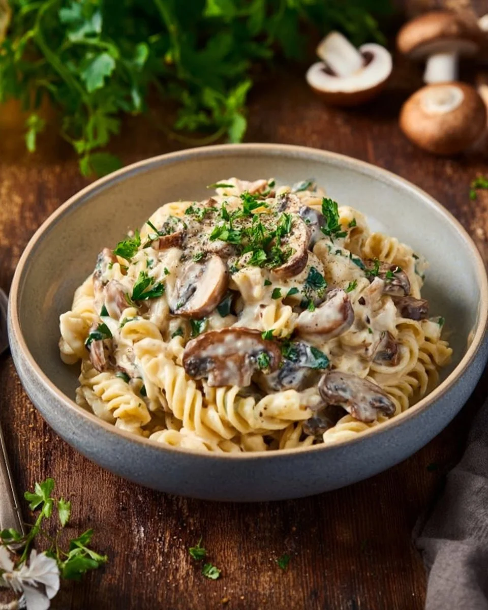 Schnelle Bärlauch-Pasta mit Feta und Champignons auf einem Teller serviert.