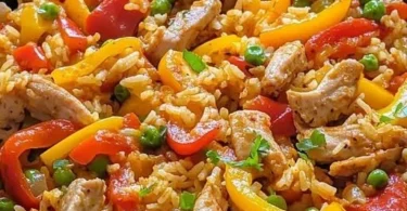 Schnelle Paprika Reispfanne mit Hähnchen auf einem Teller angerichtet