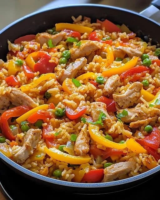 Schnelle Paprika Reispfanne mit Hähnchen auf einem Teller angerichtet