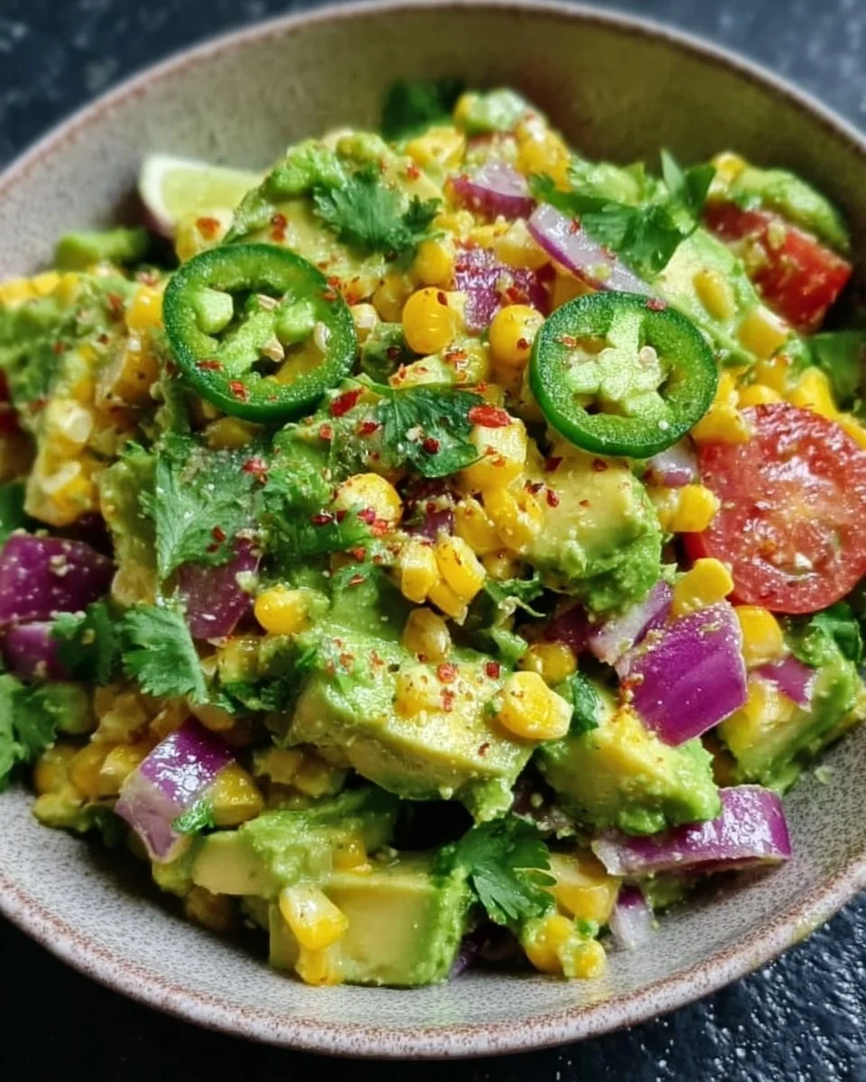Frischer Avocado-Mais-Salat mit Limette auf einem Teller