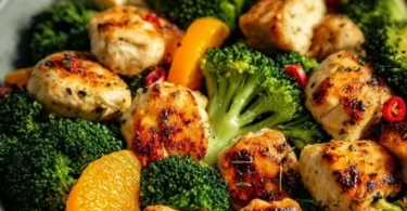Schnelles Abendessen mit Gemüse, Hähnchen und Tofu auf einem Teller
