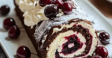 Schwarzwälder Kirschtorte Biskuitrolle mit Schokolade und Kirschen