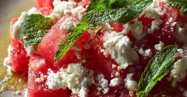 Sommerlicher Wassermelonen Feta Salat mit frischer Minze im Bild