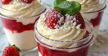 Spaghetti Eiscreme Dessert mit Sahne und Erdbeersauce auf einem Teller