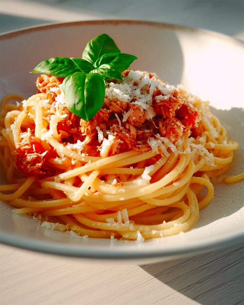 Schüssel mit Spaghetti Thunfisch, garniert mit frischen Kräutern.