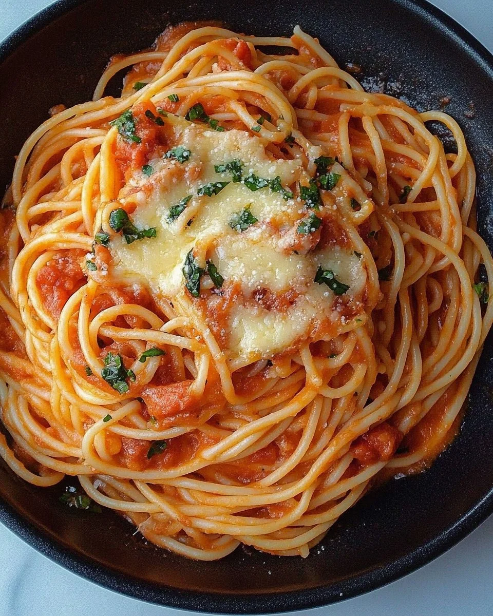 Spaghetti mit Tomaten-Kokosmilch-Sauce überbacken auf einem Teller