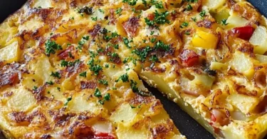 Köstliche spanische Tortilla mit Kartoffeln und Zwiebeln auf einem Teller serviert.
