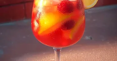 Spanischer Sommernacht-Cocktail in einem dekorativen Glas, an einem Sommerabend serviert