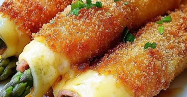 Ein Teller mit Spargel Cordon Bleu, serviert mit einer Beilage.