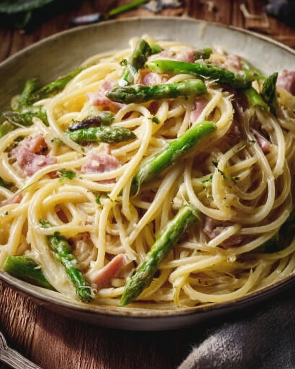 Leckere Spargel Pasta mit frischem, grünem Spargel und sahniger Sauce