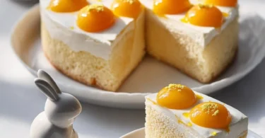 Spiegeleikuchen mit Aprikosen und Schmand auf einem Teller serviert