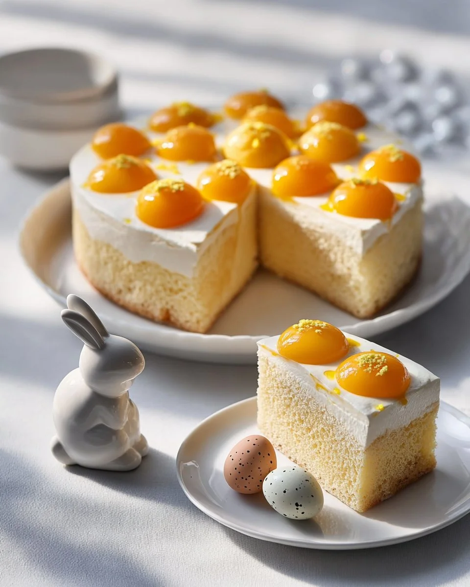 Spiegeleikuchen mit Aprikosen und Schmand auf einem Teller serviert