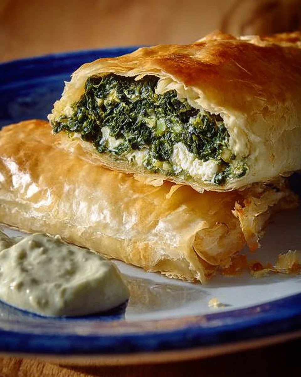 Leckere Portion Spinat-Feta-Strudel auf einem Teller serviert