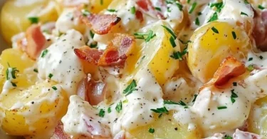 Leckerer Steakhouse Kartoffelsalat mit frischen Zutaten und Dressing.