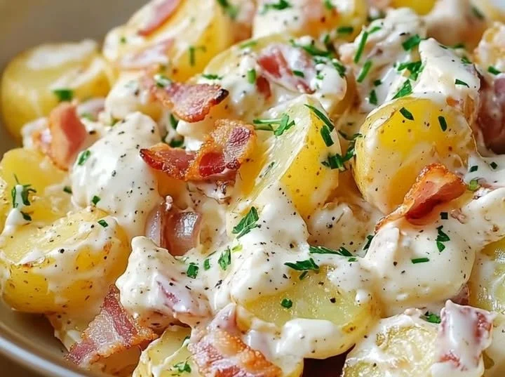 Leckerer Steakhouse Kartoffelsalat mit frischen Zutaten und Dressing.