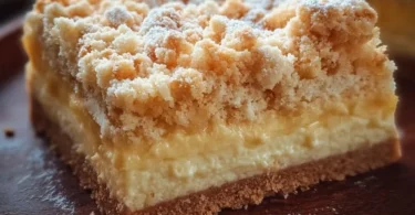 Streuselkuchen mit Pudding auf einem Teller garniert mit frischen Früchten