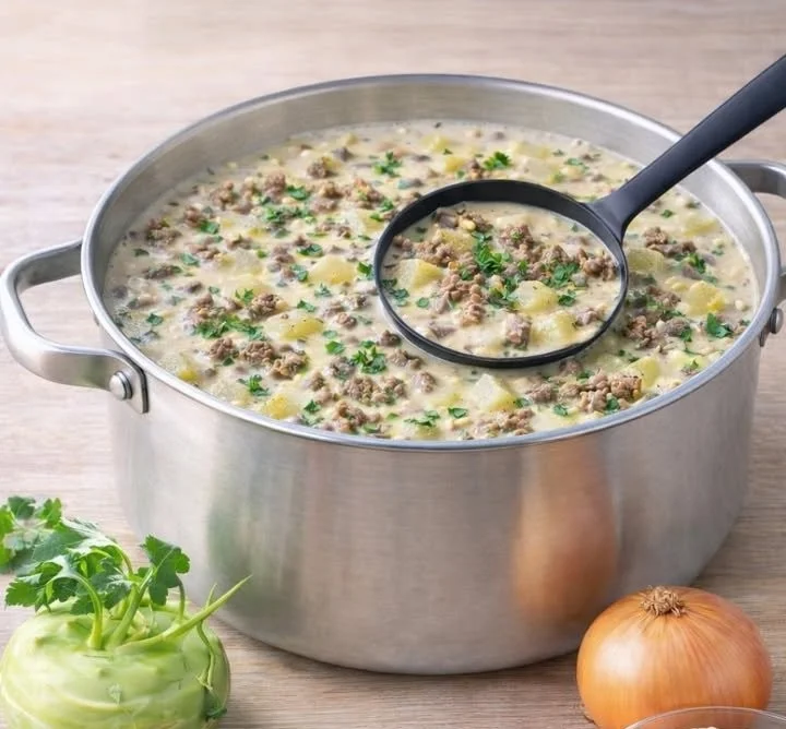 Schüssel mit köstlicher Suchtgefährdender Kohlrabi-Hackfleischsuppe